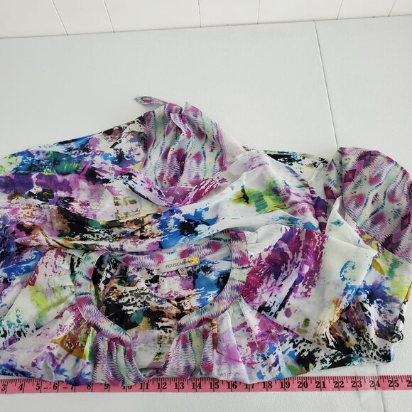 Figueroa & Flower Womens Blouse Colorful Abstract 3/4 Size 1X Tie Hem Semi Sheer - Picture 7 of 9